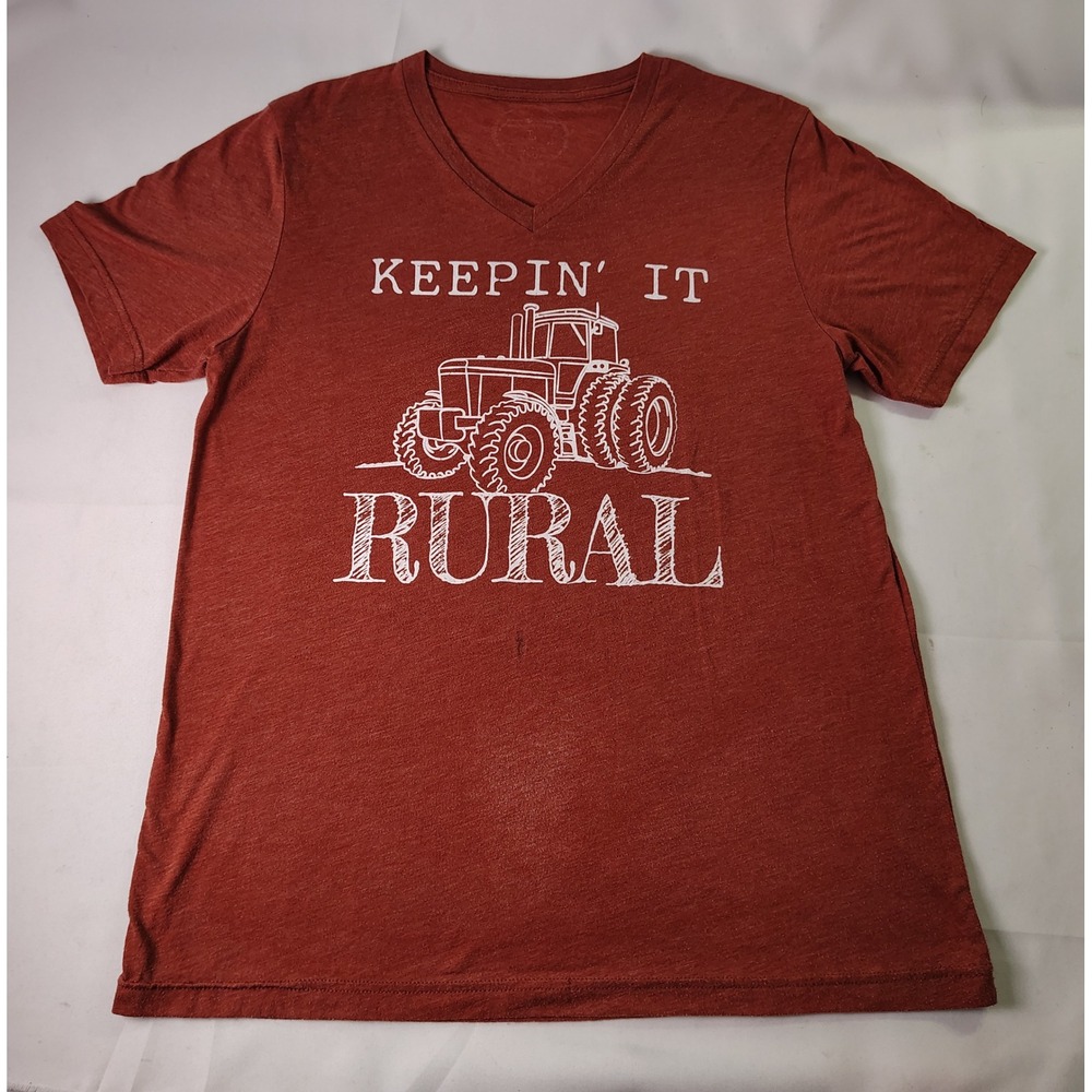 James Martin Keepin It Rural Tractor Graphic Tee Mens L Rust Orange V-Neck Farm